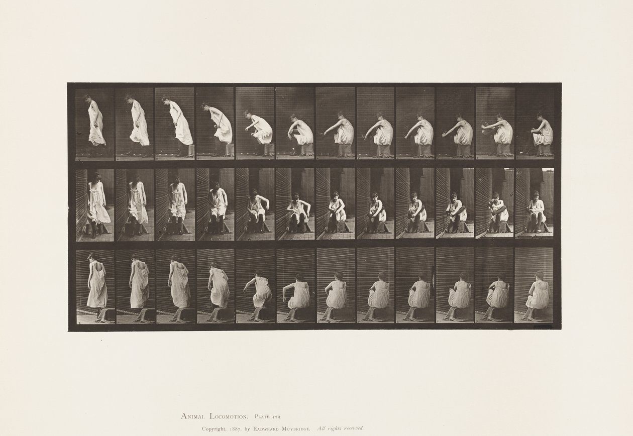 Tabliczka 423. Toaleta; Zakładanie butów i wstawanie z krzesła autorstwa Eadweard Muybridge