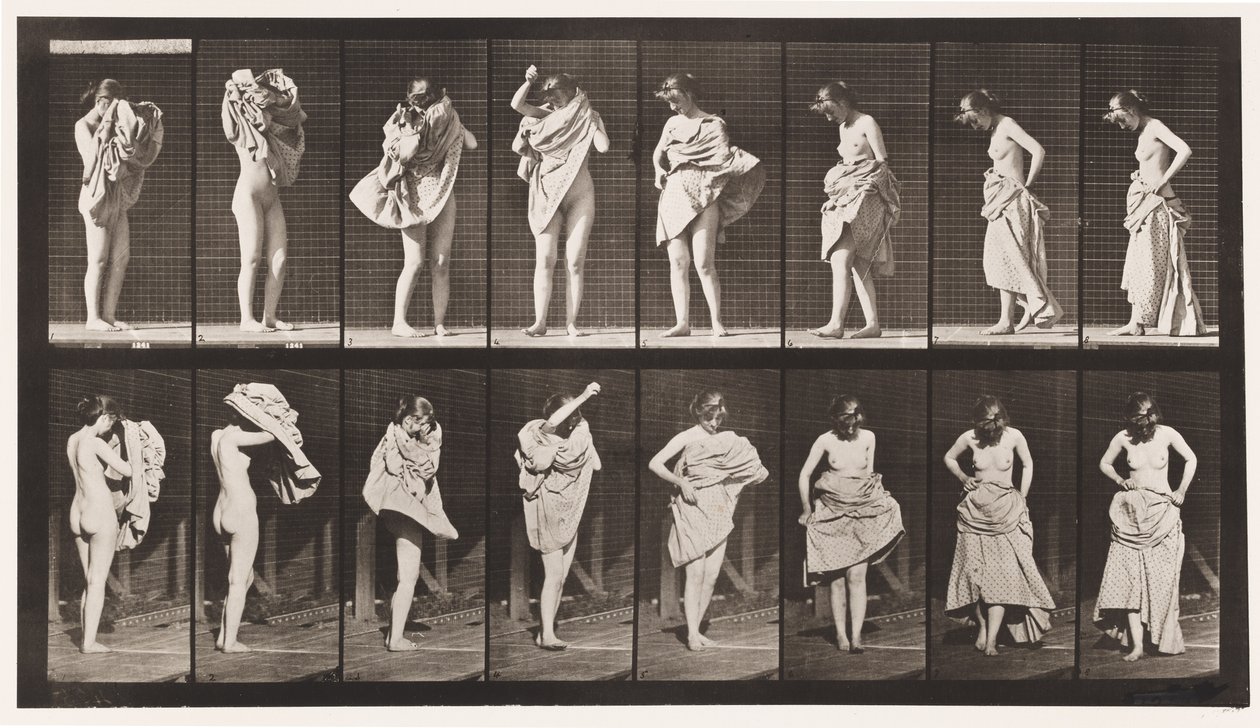 Talerz 425. Toaleta, ubieranie się i obracanie się, 1872-1885 autorstwa Eadweard Muybridge