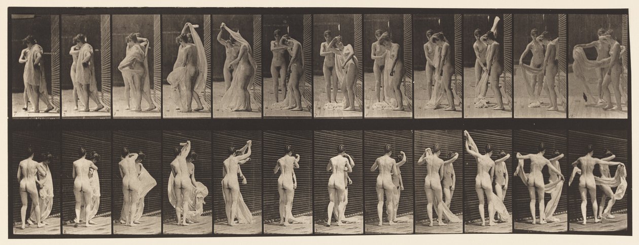 Talerz 428. Toaleta; Dwa modele, 1 Rozbieranie 8, 1872-1885 autorstwa Eadweard Muybridge
