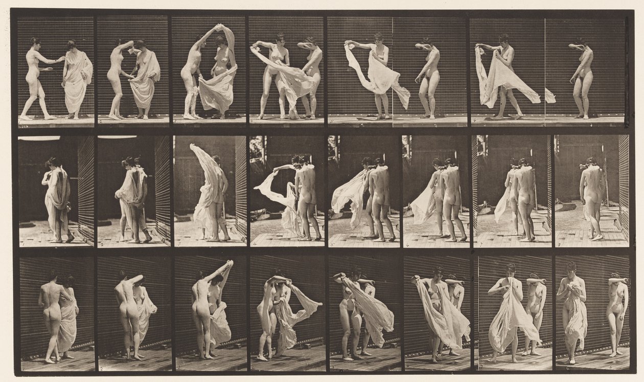 Talerz 429. Toaleta; Dwa modele, 1 Rozbieranie 8, 1872-1885 autorstwa Eadweard Muybridge