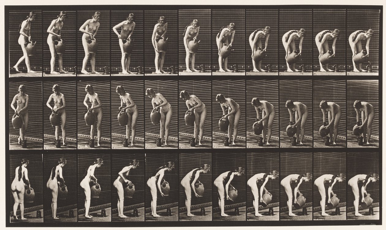 Tablica 446. Napełnianie dzbanka na ziemi ze słoika z wodą autorstwa Eadweard Muybridge