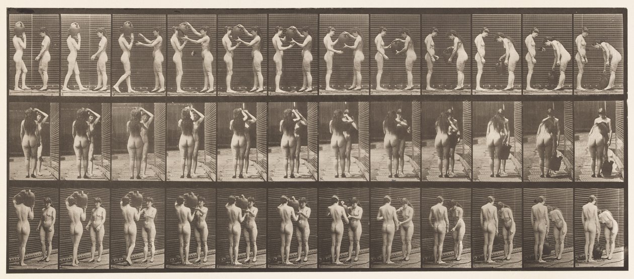 Tabliczka 447. Dwa modele, 9 Pobieranie Słoik Wody z Ramionu 10 autorstwa Eadweard Muybridge