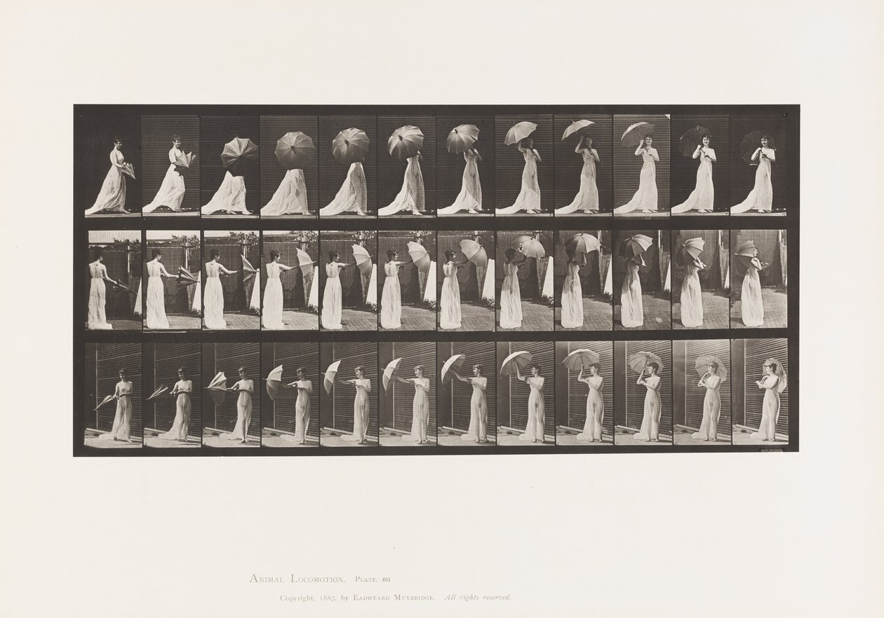 Tabliczka 461. Otwieranie parasola i odwracanie się autorstwa Eadweard Muybridge