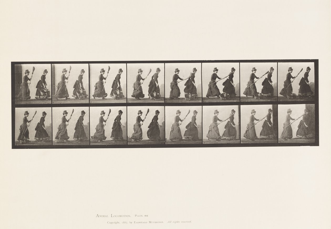 Płyta 464. Dwa modele, 16 Goniąc 4 z miotłą, 1885 autorstwa Eadweard Muybridge