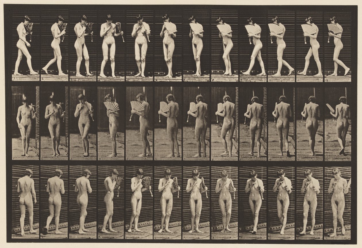 Płyta 46. Chodzenie, flirtowanie z wachlarzem i obracanie się autorstwa Eadweard Muybridge