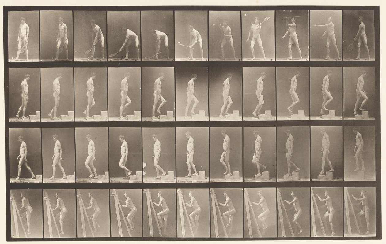 Płyta 486. A, Tenis na trawniku; B, Wstępując o stopień;, 1872-1885 autorstwa Eadweard Muybridge