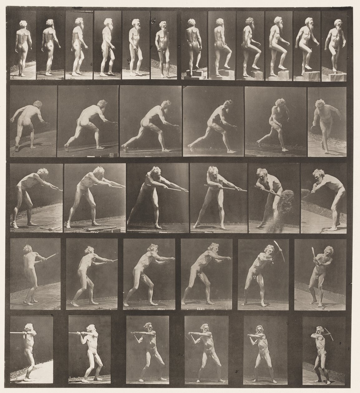 Płyta 521. A, Chodzenie; B, krok wstępujący; C, Dysk do rzucania autorstwa Eadweard Muybridge