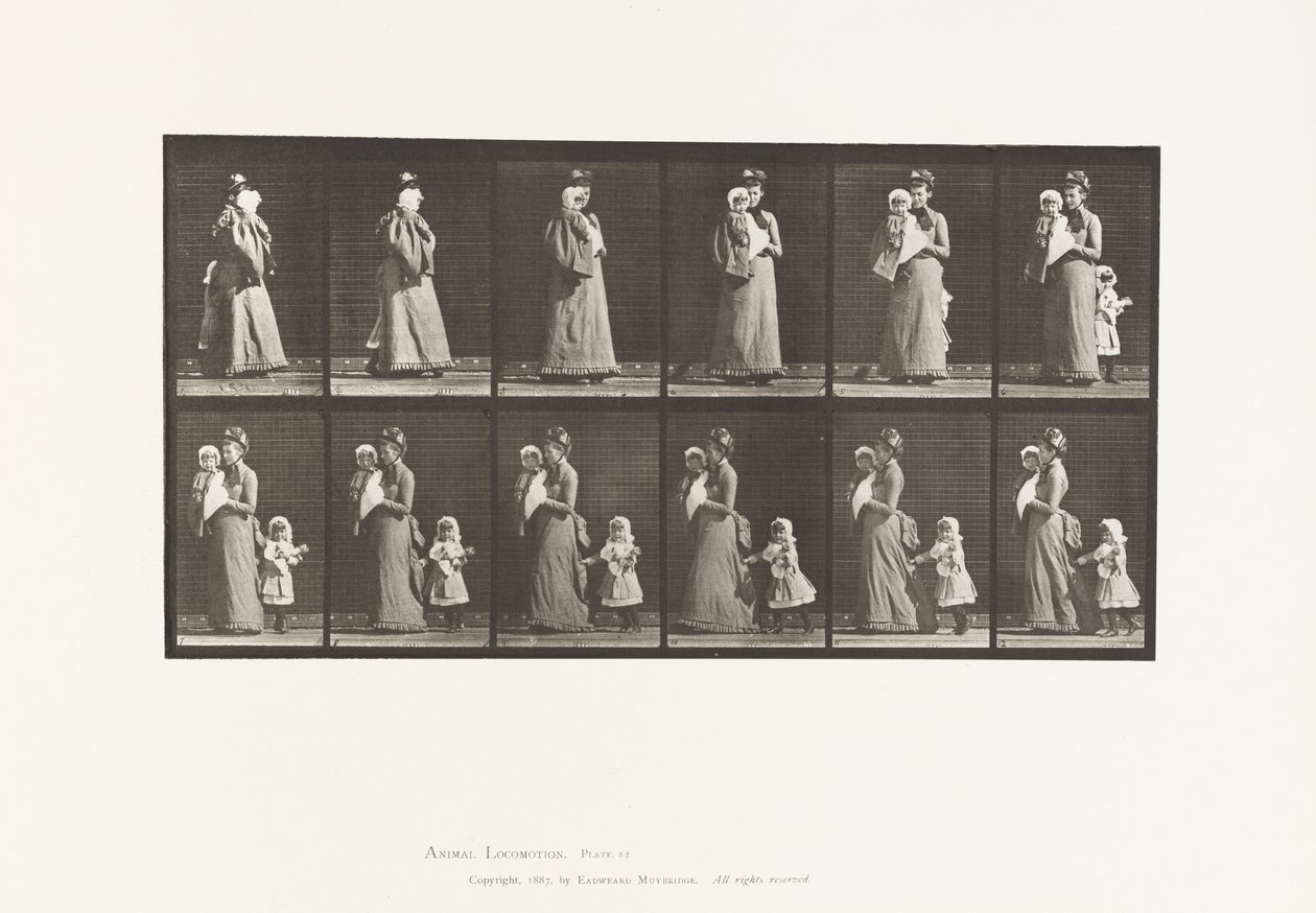 Płyta 52. Chodzenie niosące dziecko, obracanie się; kolejne dziecko (70 lat) trzymające sukienkę 9 autorstwa Eadweard Muybridge