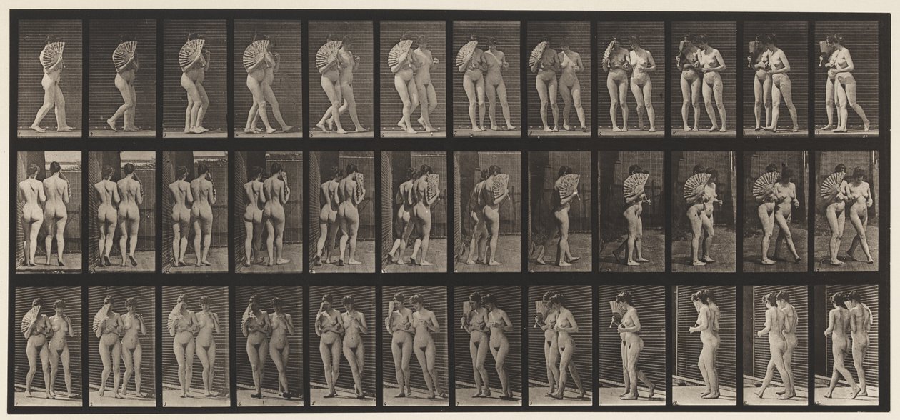 Płyta 54. Chodzenie, dwa modele/jeden flirt z wentylatorem, ramię w ramię autorstwa Eadweard Muybridge