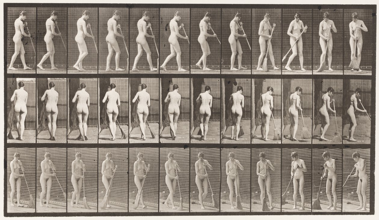 Płyta 58. Chodzenie, obracanie się Zamiatanie podłogi autorstwa Eadweard Muybridge