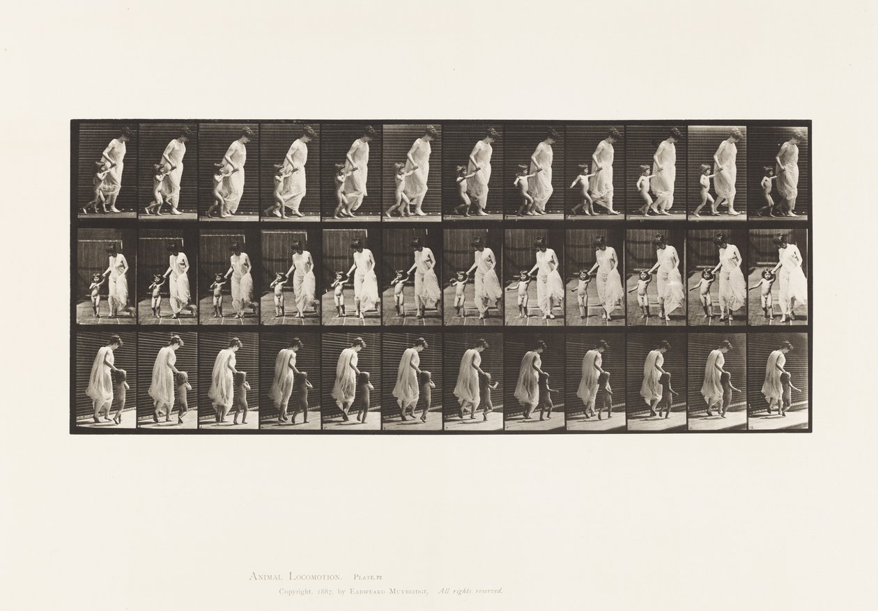 Tabliczka 72. Bieganie, prowadzenie dziecka (70) w ręku autorstwa Eadweard Muybridge
