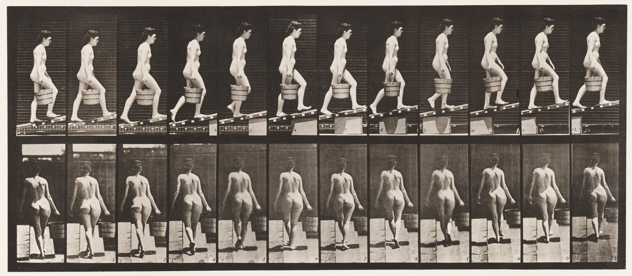 Płyta 83. Wznoszące się pochylenie, wiadro z wodą w prawej ręce autorstwa Eadweard Muybridge