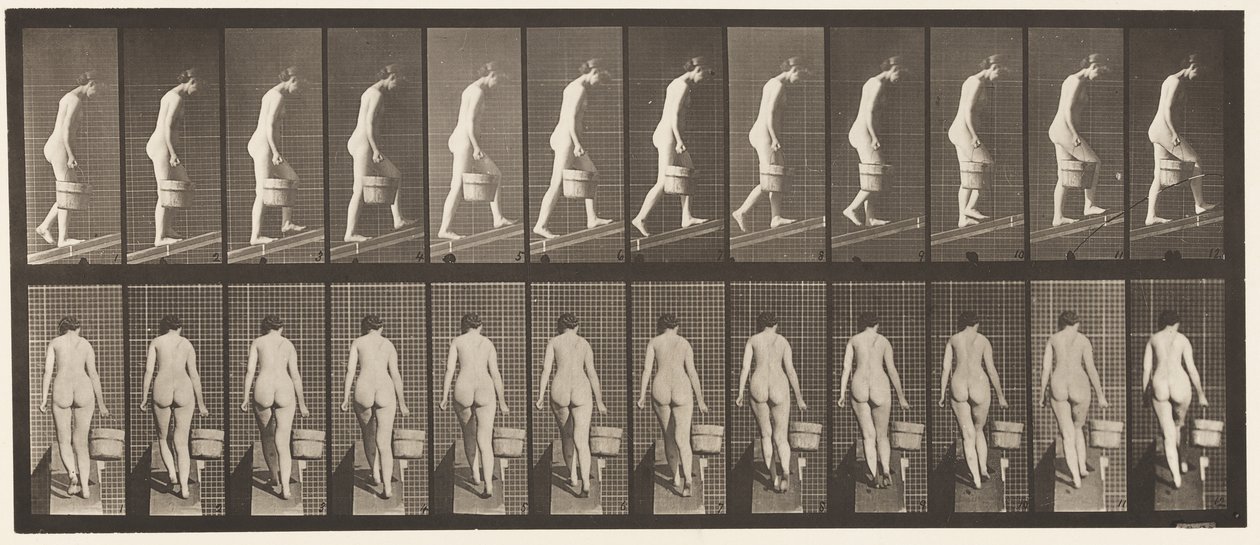 Płyta 84. Wznosząca się pochylnia, wiadro z wodą w prawej ręce autorstwa Eadweard Muybridge