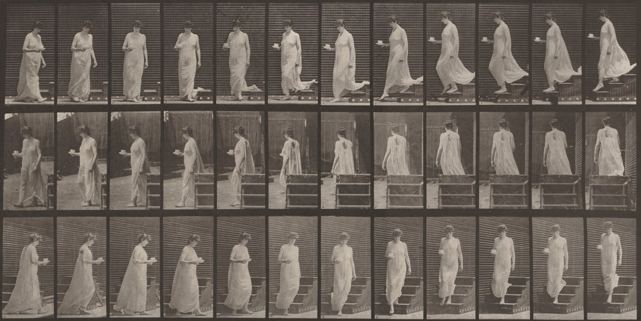 Tablica numer 143. Schodzenie po schodach, filiżanka i spodek w prawej ręce autorstwa Eadweard Muybridge