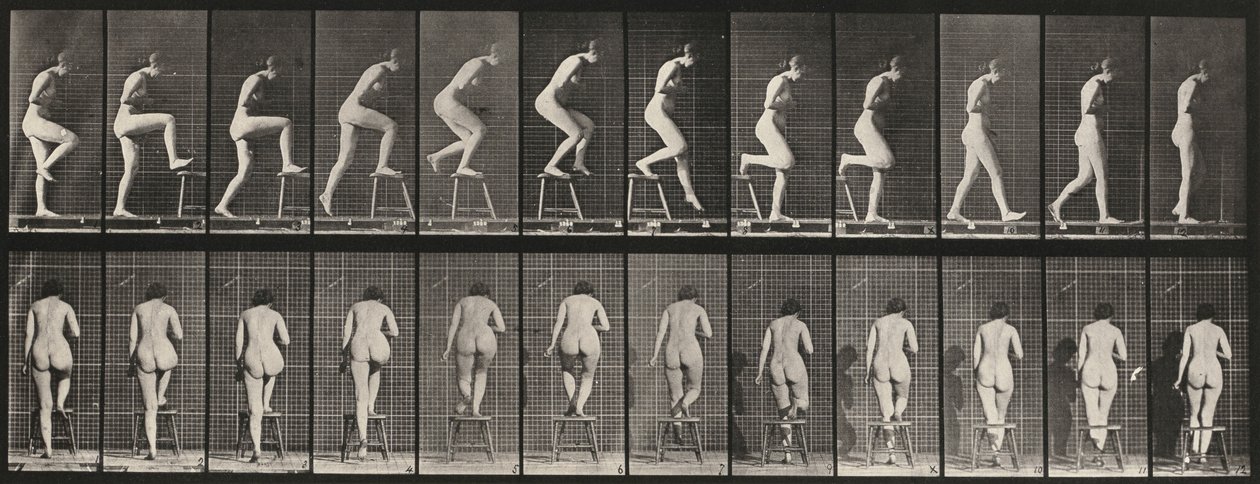 Płyta nr 180. Wchodzenie i przechodzenie przez krzesło autorstwa Eadweard Muybridge