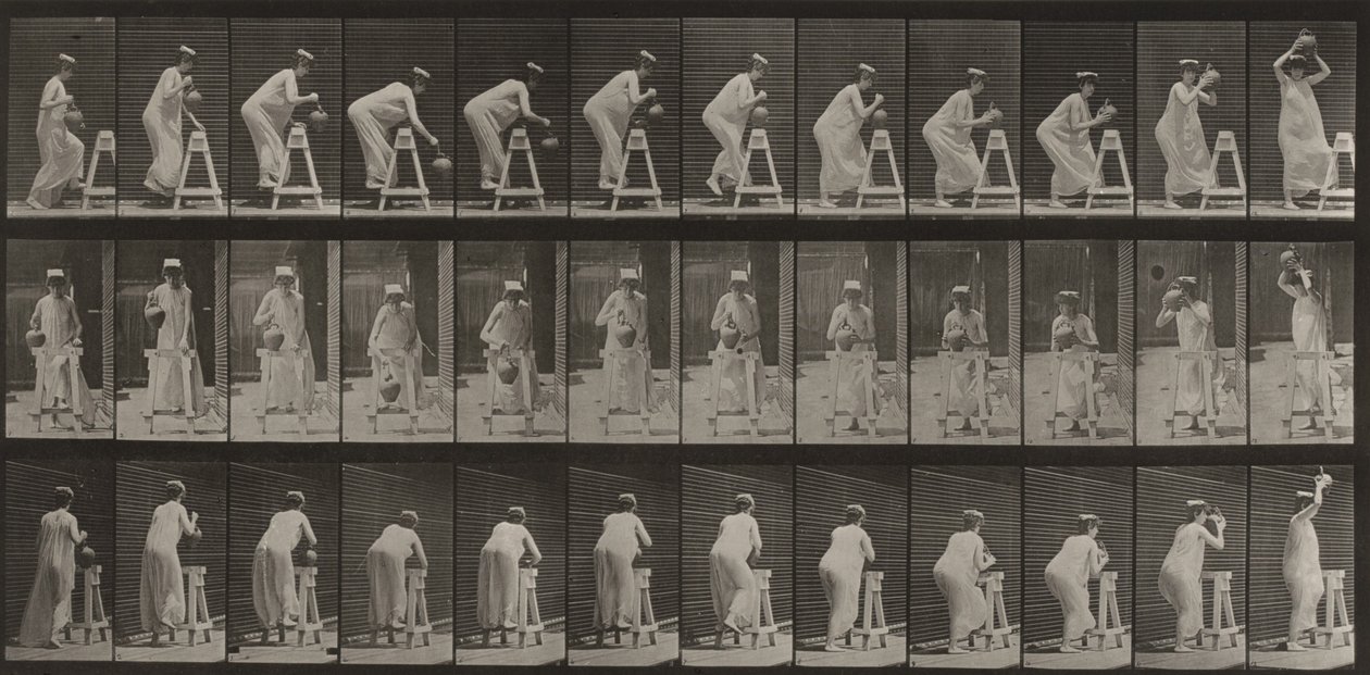 Tablica numer 216. Pochylanie się, aby napełnić dzban na wodę, i stawianie go na głowie autorstwa Eadweard Muybridge