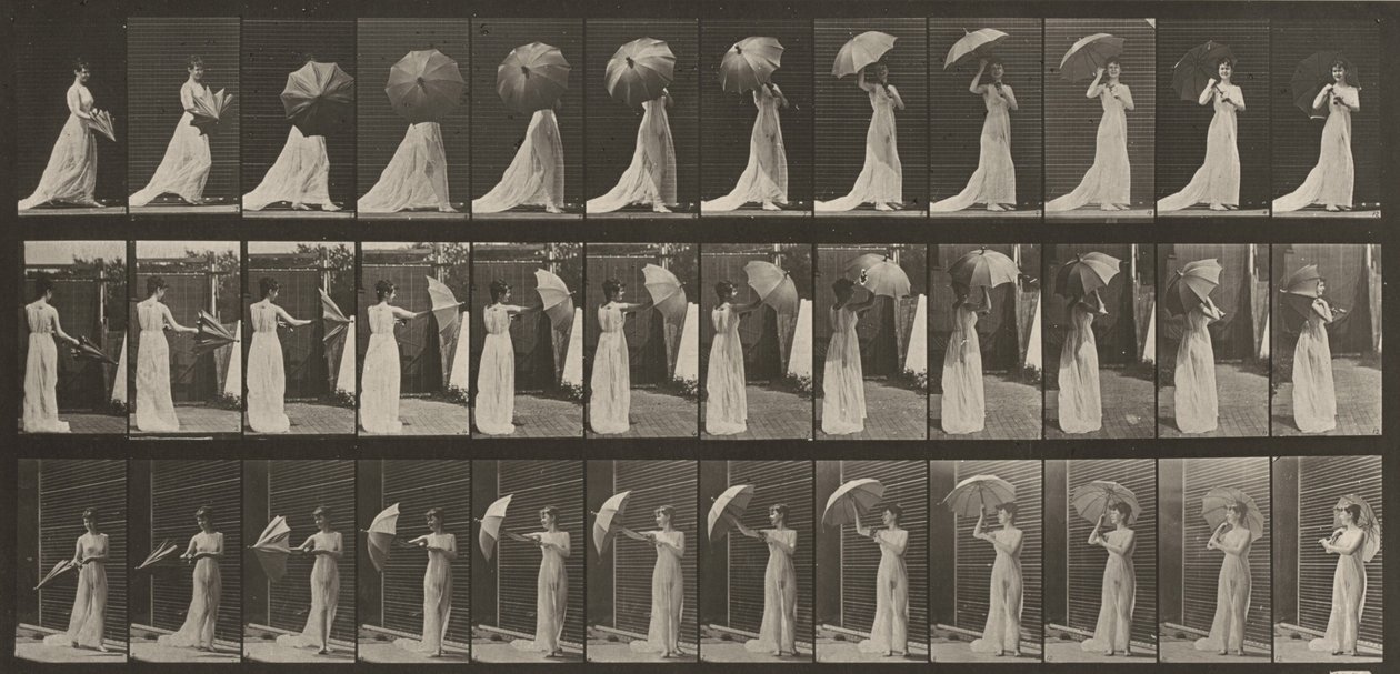 Tablica numer 461. Otwieranie parasolki i odwracanie się autorstwa Eadweard Muybridge