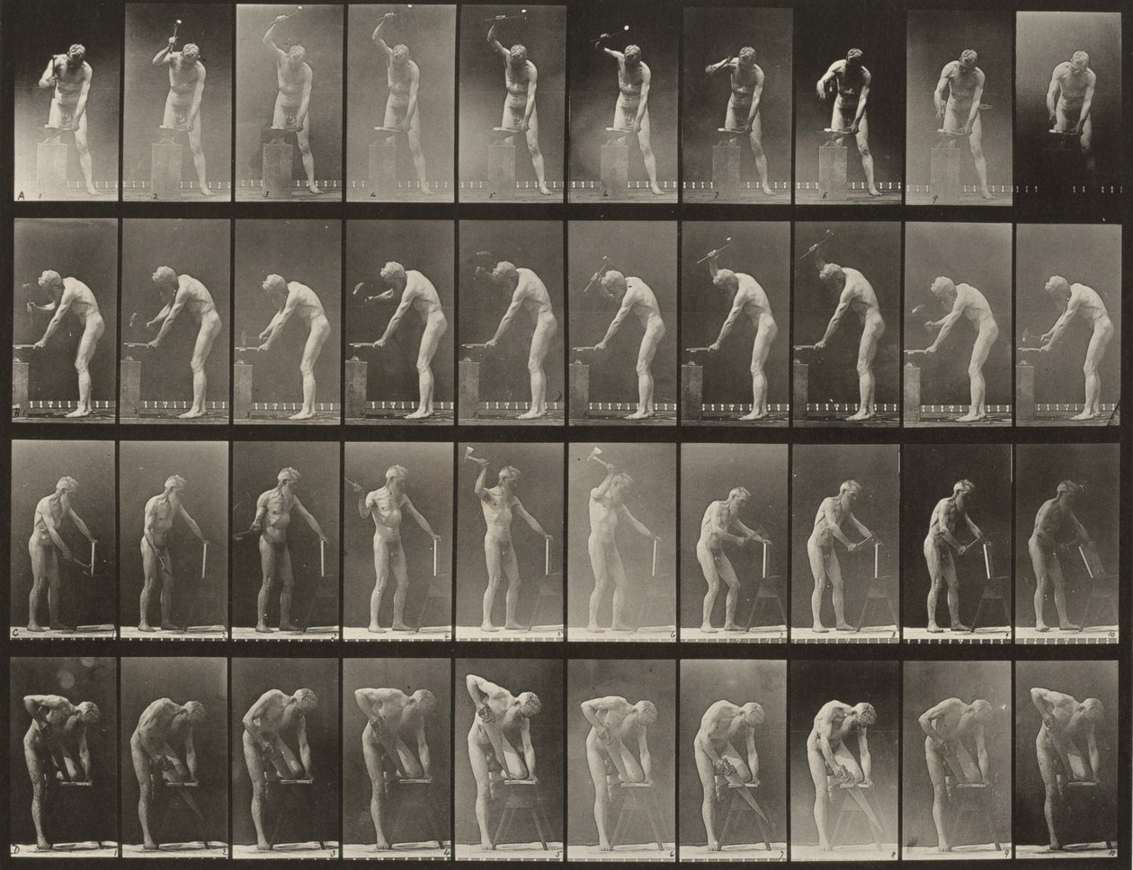 Tablica numer 491. A, B: Kucie na kowadle. C: Używanie siekierki. D: Piłowanie deski autorstwa Eadweard Muybridge