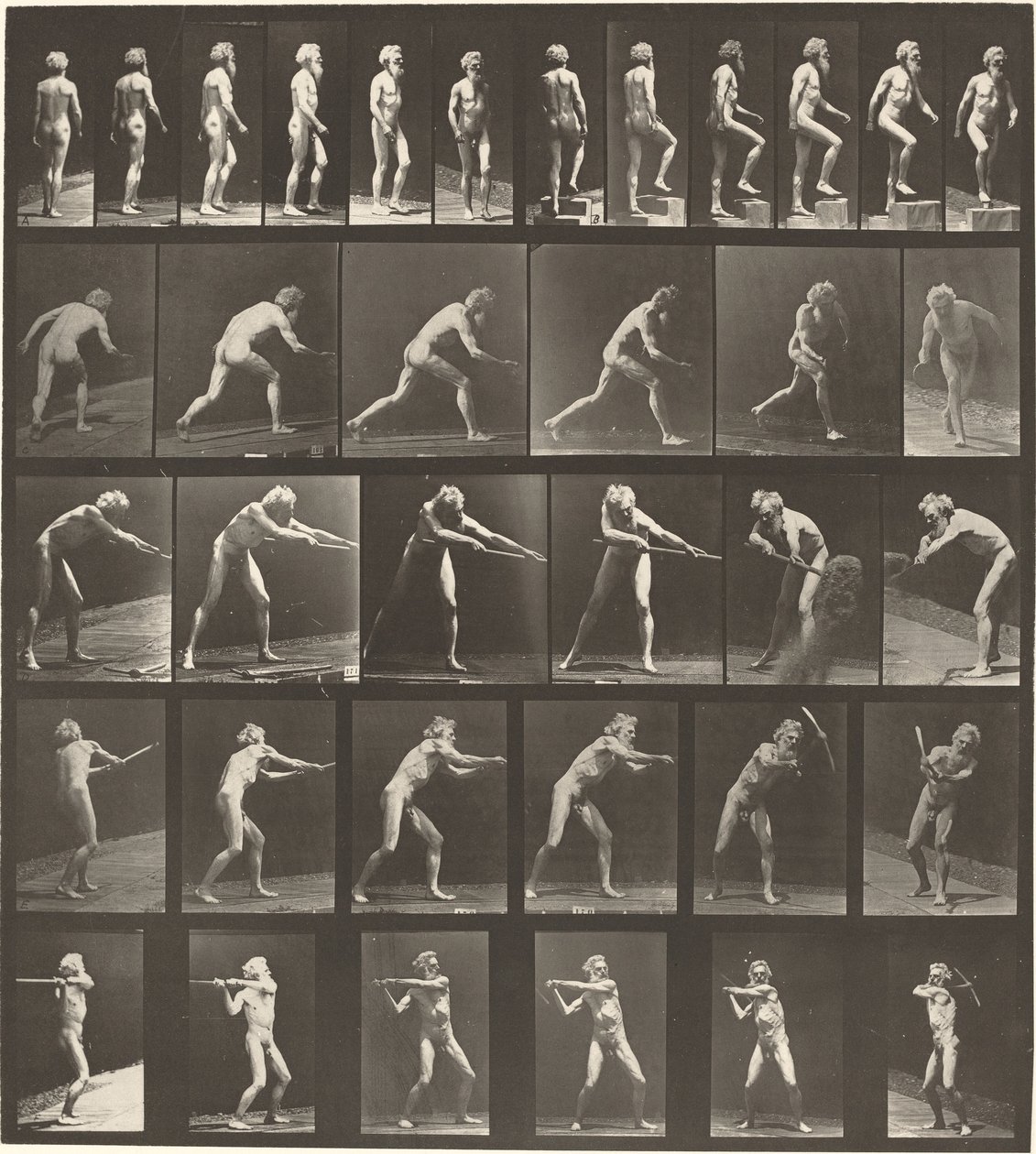 Numer płyty 521. A: Chodzenie. B: Krok wstępujący. C. Dysk do rzucania. D: Za pomocą łopaty. E, F. Korzystanie z pick autorstwa Eadweard Muybridge