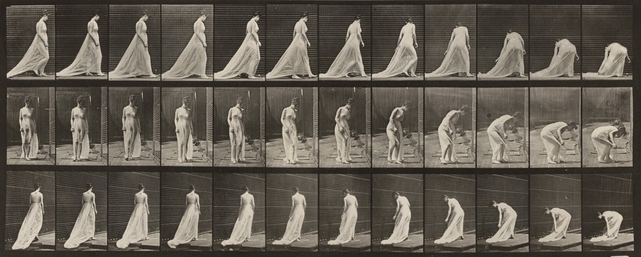Ilustracja nr 56. Chodzenie, obracanie się i schylanie w celu podniesienia trenu autorstwa Eadweard Muybridge