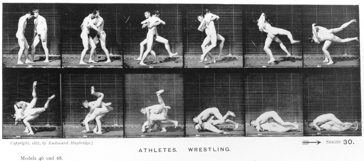 Zapasy dwóch mężczyzn, z filmu „Lokomotywa zwierząt”, 1887 r. autorstwa Eadweard Muybridge