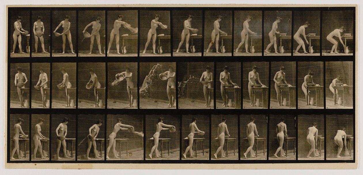 Kobieta opróżniająca zbiornik z wodą, z książki Animal Locomotion autorstwa Eadweard Muybridge