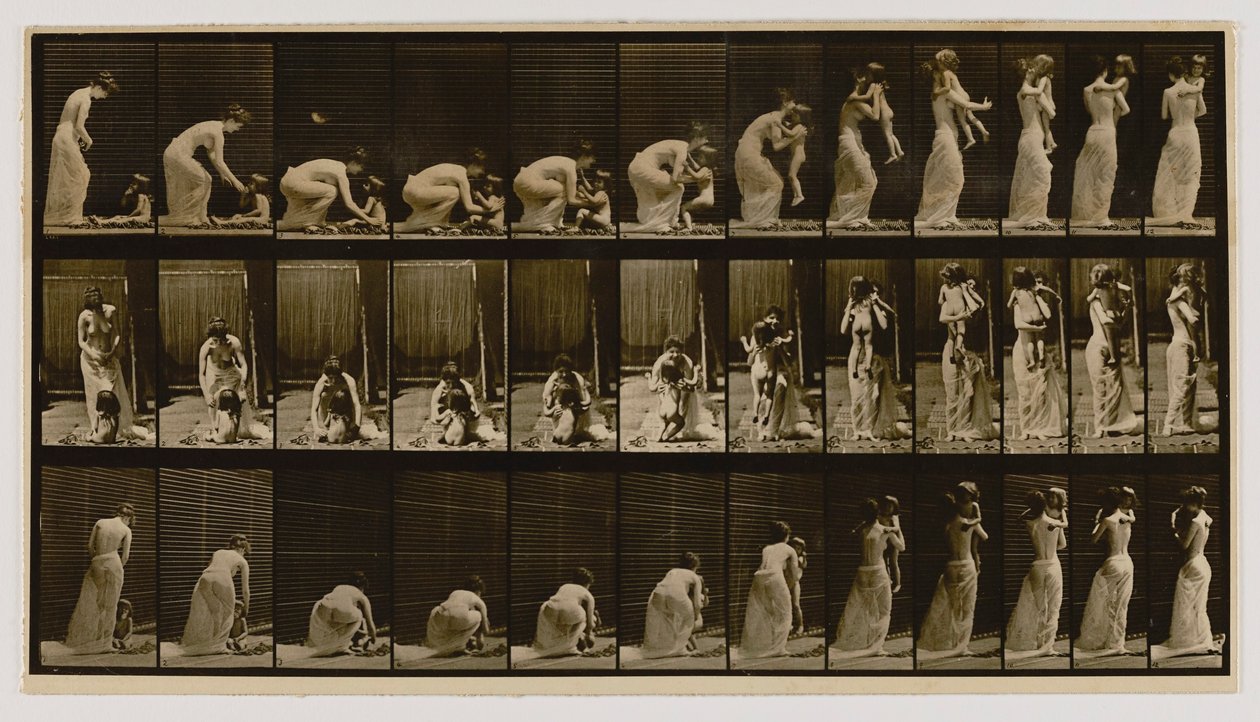 Kobieta podnosząca i niosąca dziecko, z książki Animal Locomotion autorstwa Eadweard Muybridge