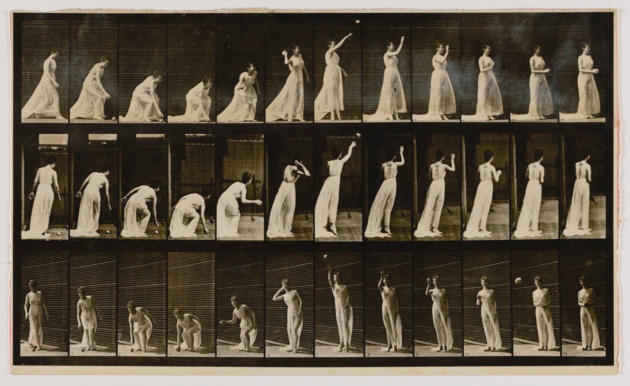 Kobieta podnosząca piłkę i rzucająca nią, z książki Animal Locomotion autorstwa Eadweard Muybridge