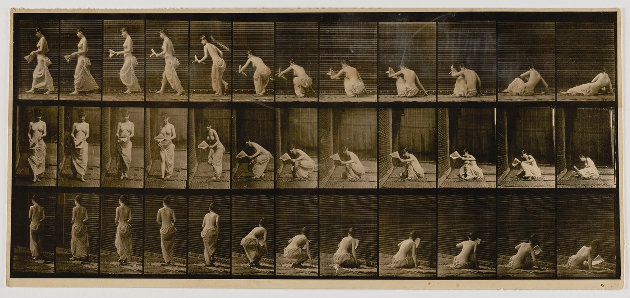 Kobieta podnosząca się z siedzenia na ziemi, z książki Animal Locomotion autorstwa Eadweard Muybridge