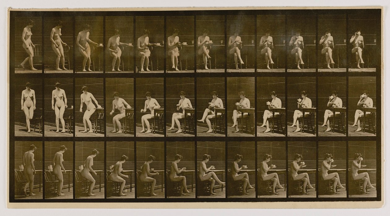 Kobieta siedząca, skrzyżowane nogi, pijąca z filiżanki, z książki Animal Locomotion autorstwa Eadweard Muybridge