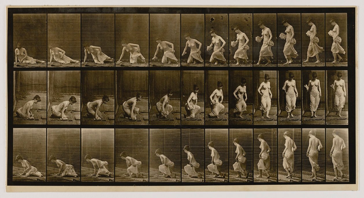 Kobieta siedząca na ziemi, z książki Animal Locomotion autorstwa Eadweard Muybridge