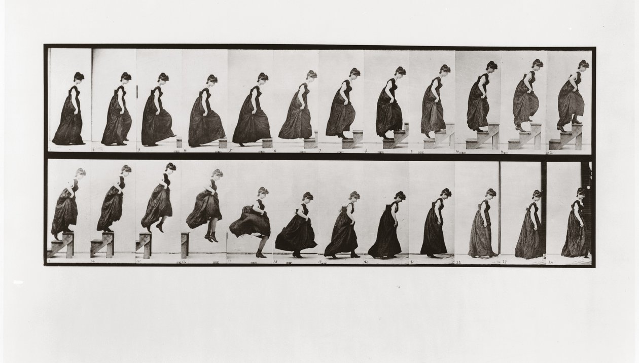 Kobieta wchodząca po schodach i skacząca w dół, płyta 173 z lokomocji zwierzęcej, 1887 autorstwa Eadweard Muybridge