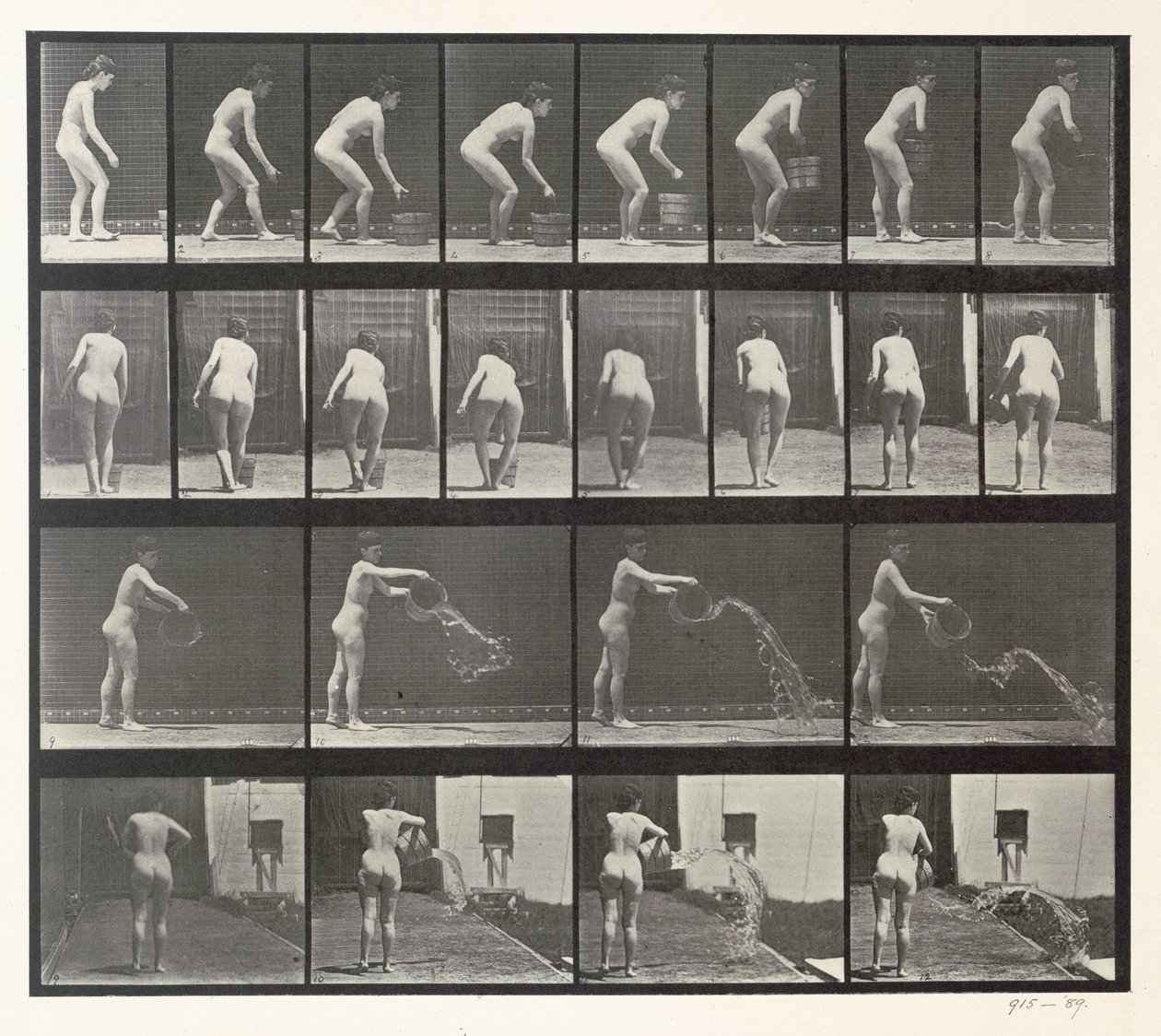Kobieta rzucająca wiadro z wodą, tablica 401 z "Animal Locomotion", 1887 autorstwa Eadweard Muybridge