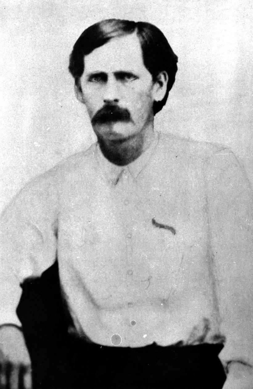 Wyatt Earp w wieku 20 lat, zdjęcie wykonane na tintypie w Dodge City, Kansas, ok. 1868-78 (zdjęcie bw) autorstwa Eagan