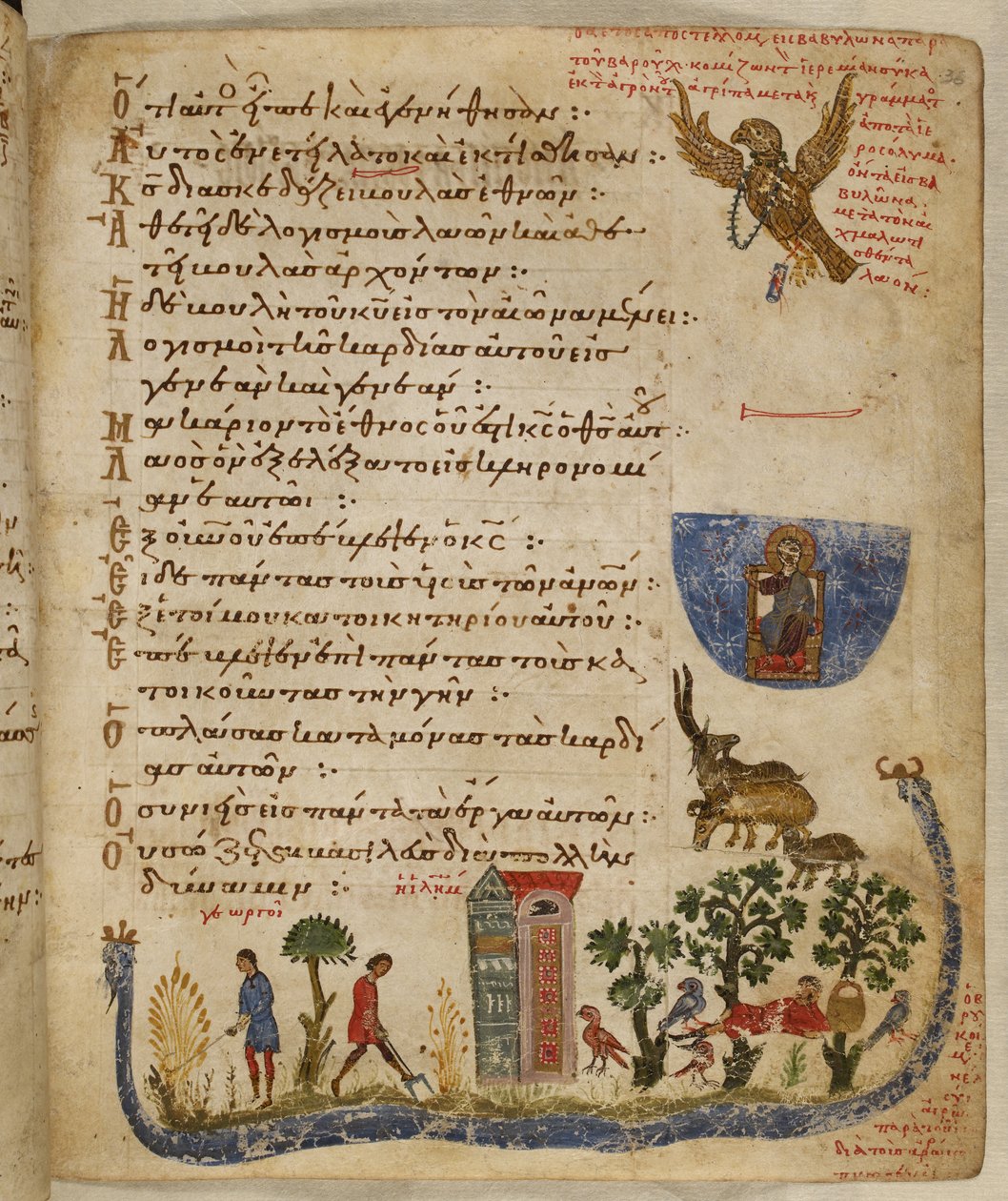 Dodać. 19352, f.36r Eagle wysłany przez Barucha; scena ogrodowa, od Theodore Psalter autorstwa Eastern Mediterranean School