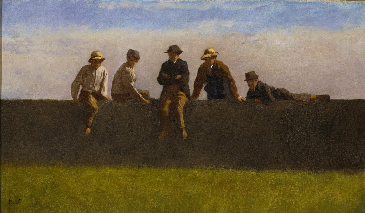 Pięciu chłopców na ścianie, ok. 1875-1880 (olej na płycie kompozycyjnej) autorstwa Eastman Johnson