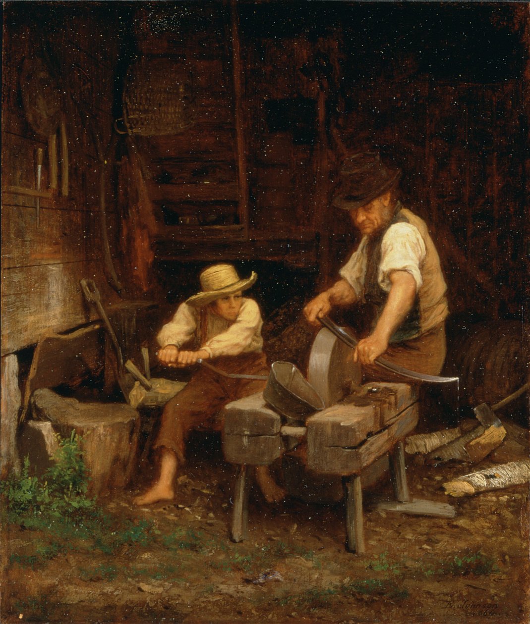 Ostrzenie kosy, 1864 autorstwa Eastman Johnson