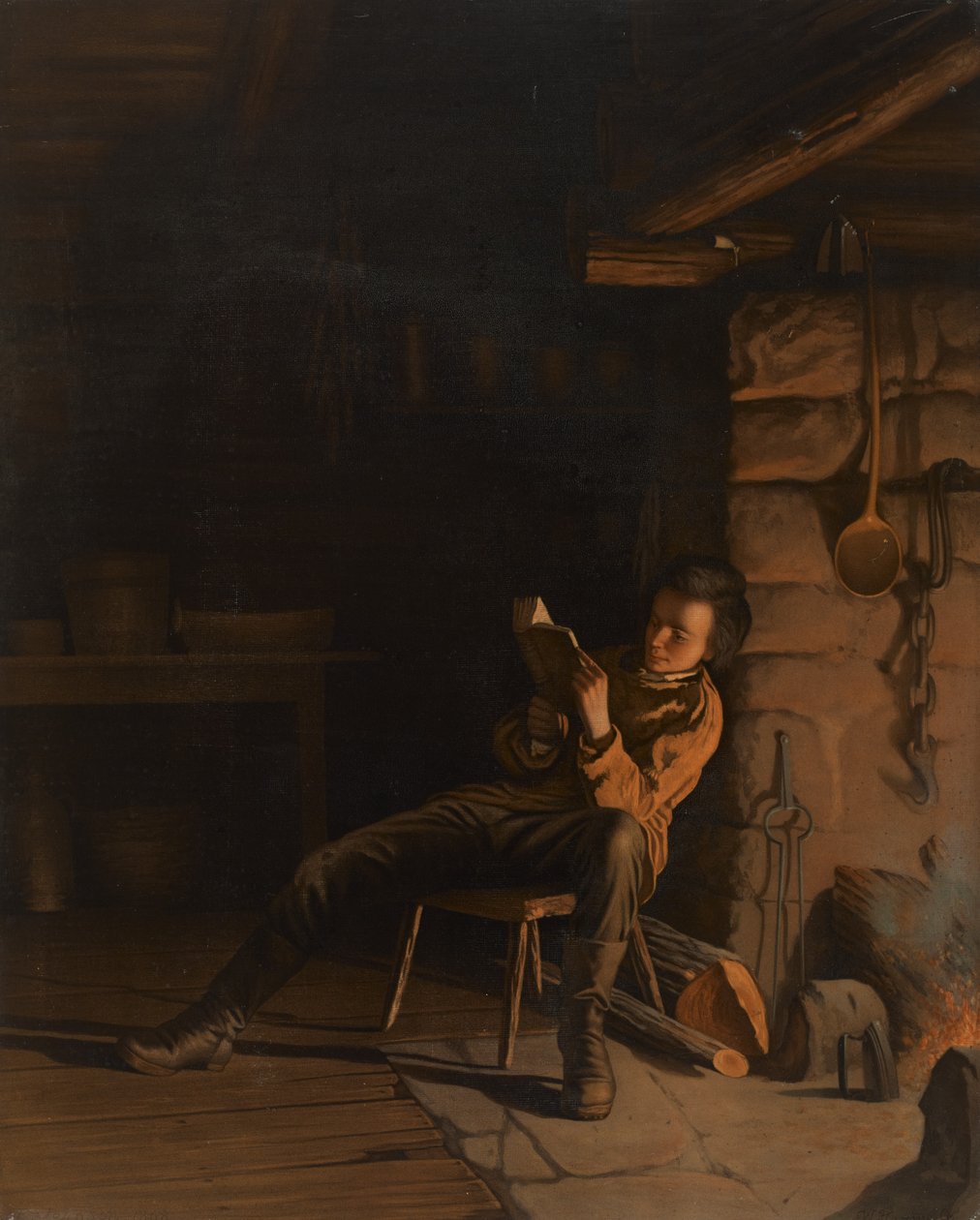 Dzieciństwo Lincolna. (Wieczór w chacie z bali), 1868 (chromolitografia na papierze na płycie) autorstwa Eastman Johnson
