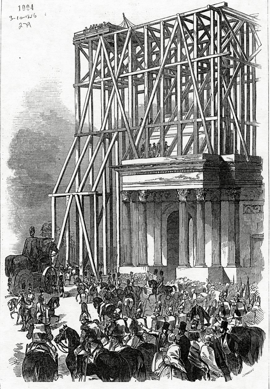 Przybycie statuy Wellingtona do łuku, opublikowanej w „The Illustrated London News”, 3 października 1846 r. autorstwa Ebenezer Landells