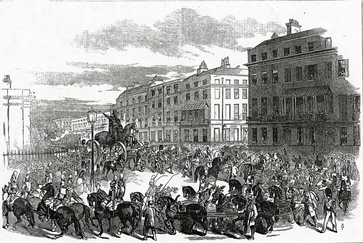 Wielka procesja pod pomnikiem Wellingtona skręcająca w dół Park Lane, opublikowana w „Illustrated London News”, 3 października 1846 r. autorstwa Ebenezer Landells