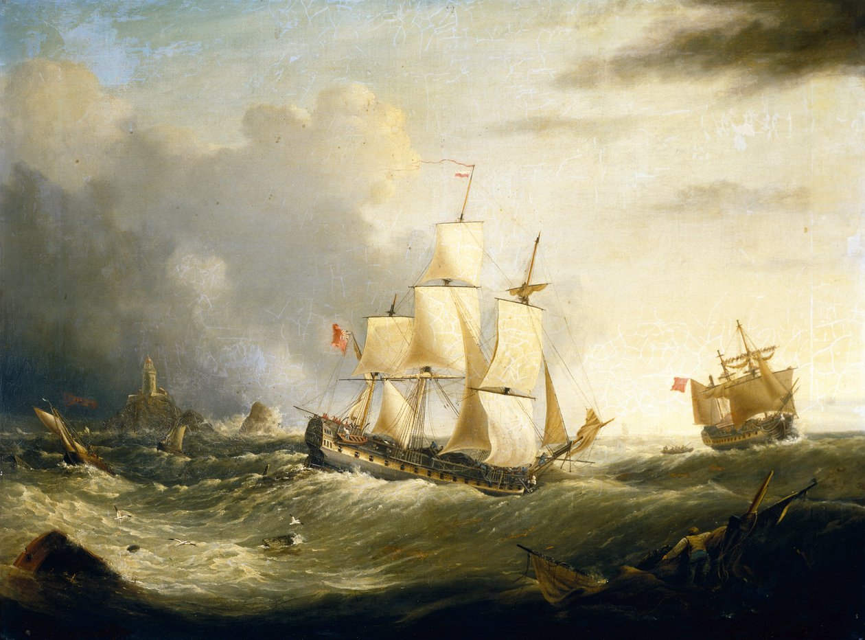 Two Deckers off Longships Lighthouse, Lands End (olej na płótnie) autorstwa Ebenezer Colls