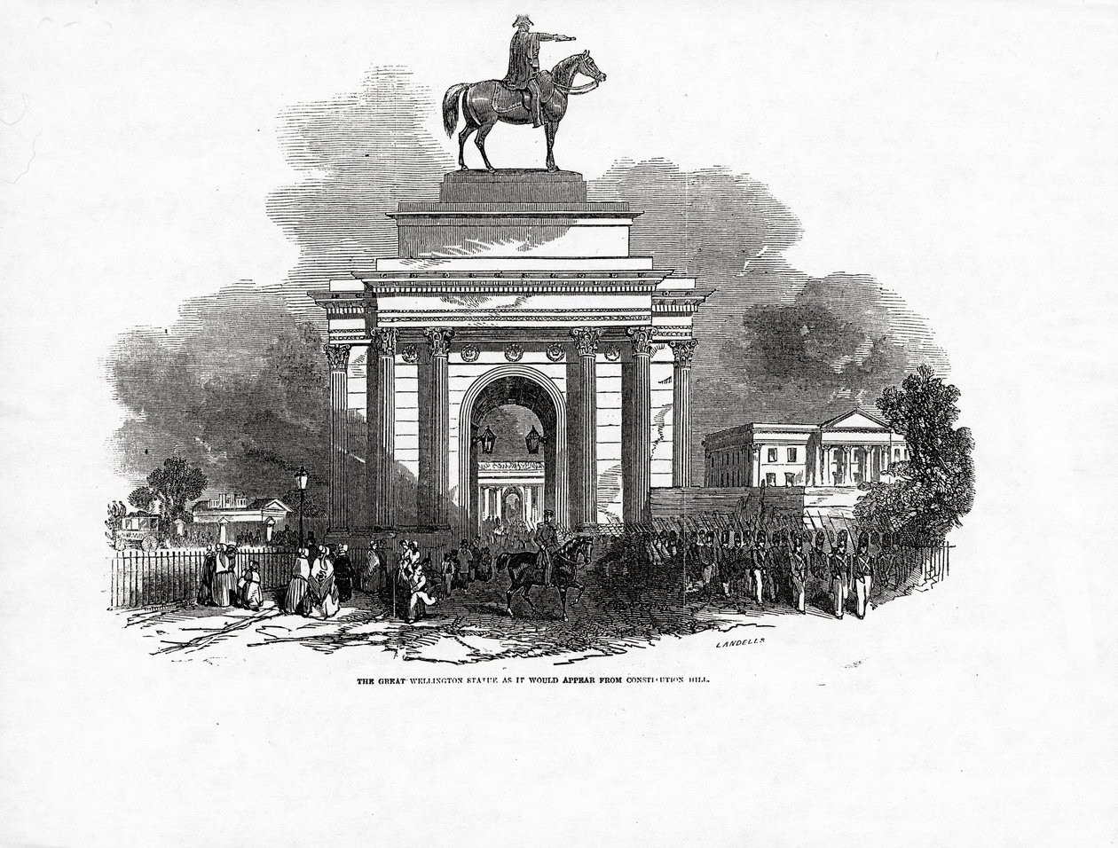 Statua Wielkiego Wellingtona, tak jak wyglądałaby z Constitution Hill, opublikowana w „The Illustrated London News”, 3 października 1846 autorstwa Ebenezer Landells