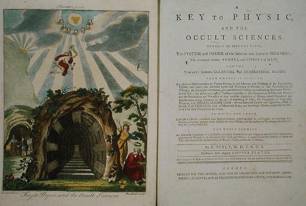 Frontispis do "A Key to Physics and the Occult Sciences", księga 4, wyd. 1800 (litografia kolorowa) autorstwa Ebenezer Sibly