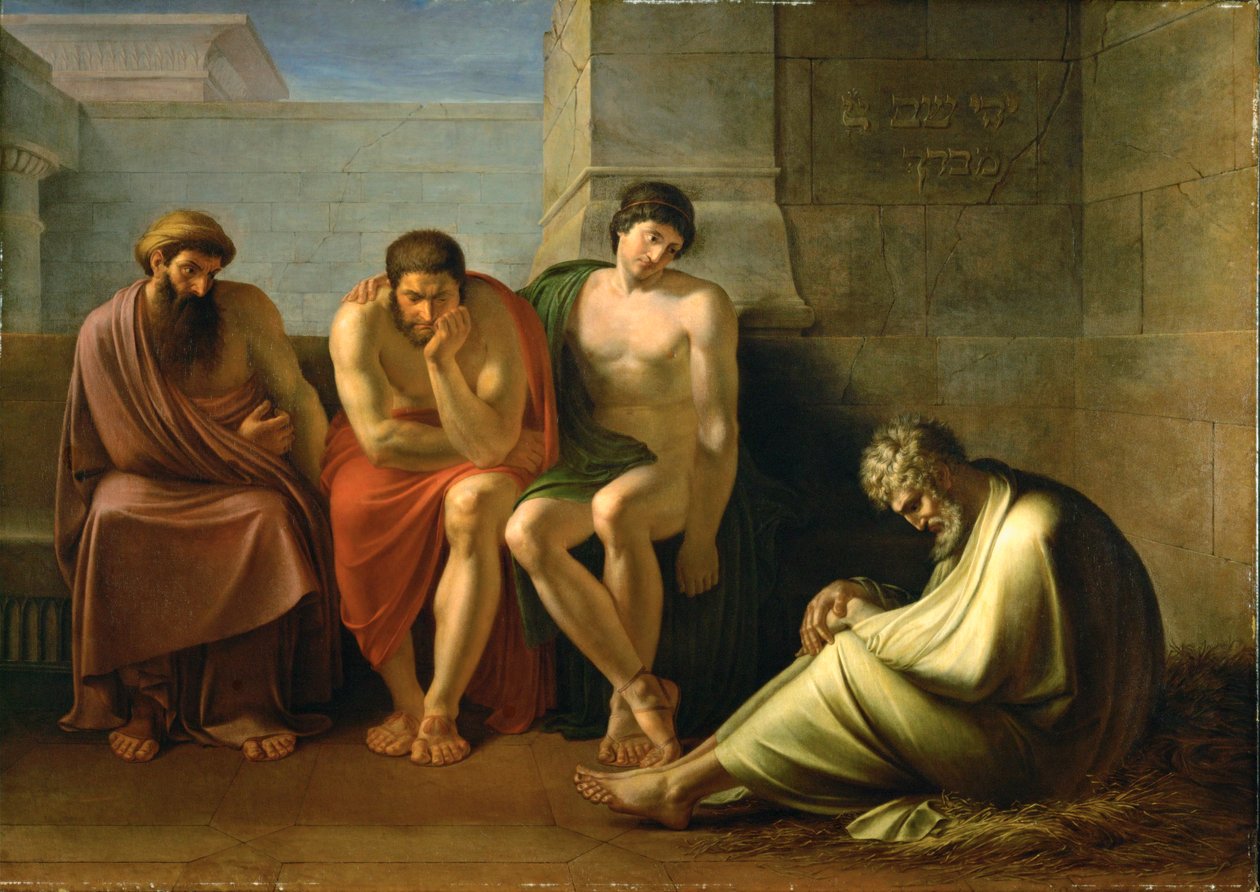 Pogrążony w żałobie Hiob i jego przyjaciele (olej na płótnie) autorstwa Eberhard Waechter