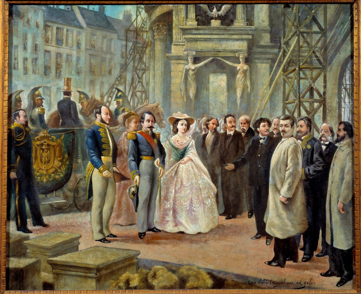 Napoleon III (1808-1873) i Imperatrice Eugenie (1826-1920) odwiedzający dzieła Opery Garnier w Paryżu. Na lewo od Napoleona III baron Georges Haussmann (1809-1891) i Charles Garnier z podniesionym ramieniem (1828-1885) po prawej stronie Impres autorstwa Ed. (after) Gilis