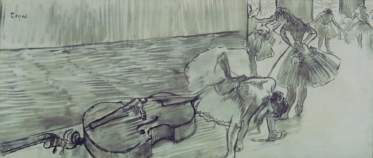 Przygotowania do baletu La ContrabajonEspanol: Preparativos de Ballet El Contrabajon autorstwa Edgar Degas