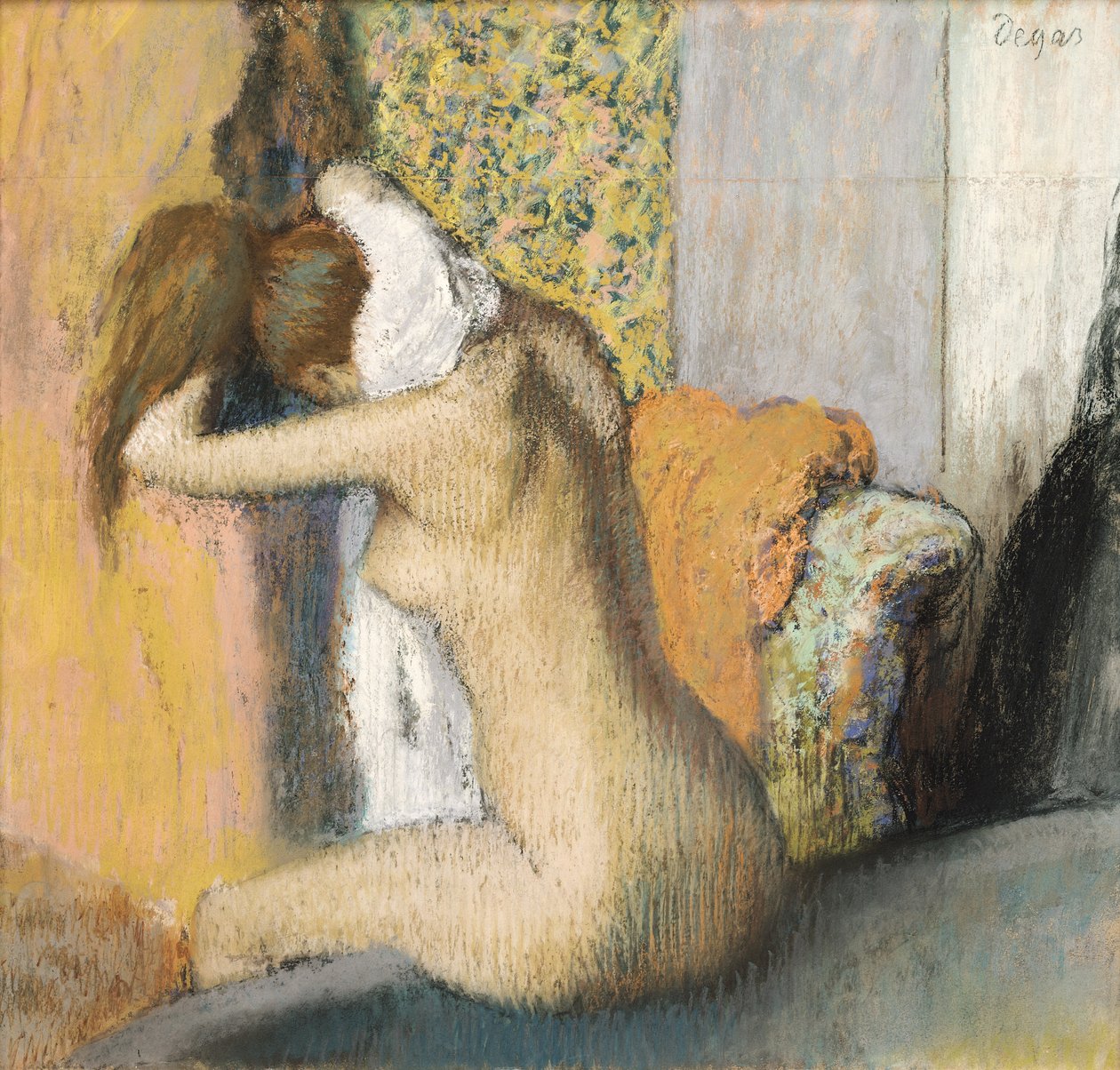 Po kąpieli, Kobieta susząca szyję, 1898 (pastel na papierze w oprawie) autorstwa Edgar Degas