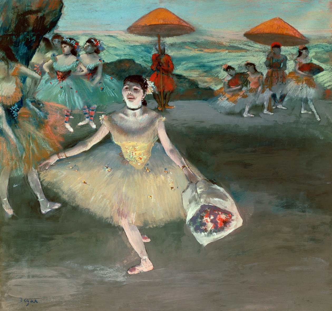 Tancerka z bukietem, dygnięcie, 1877 (pastel na papierze) autorstwa Edgar Degas