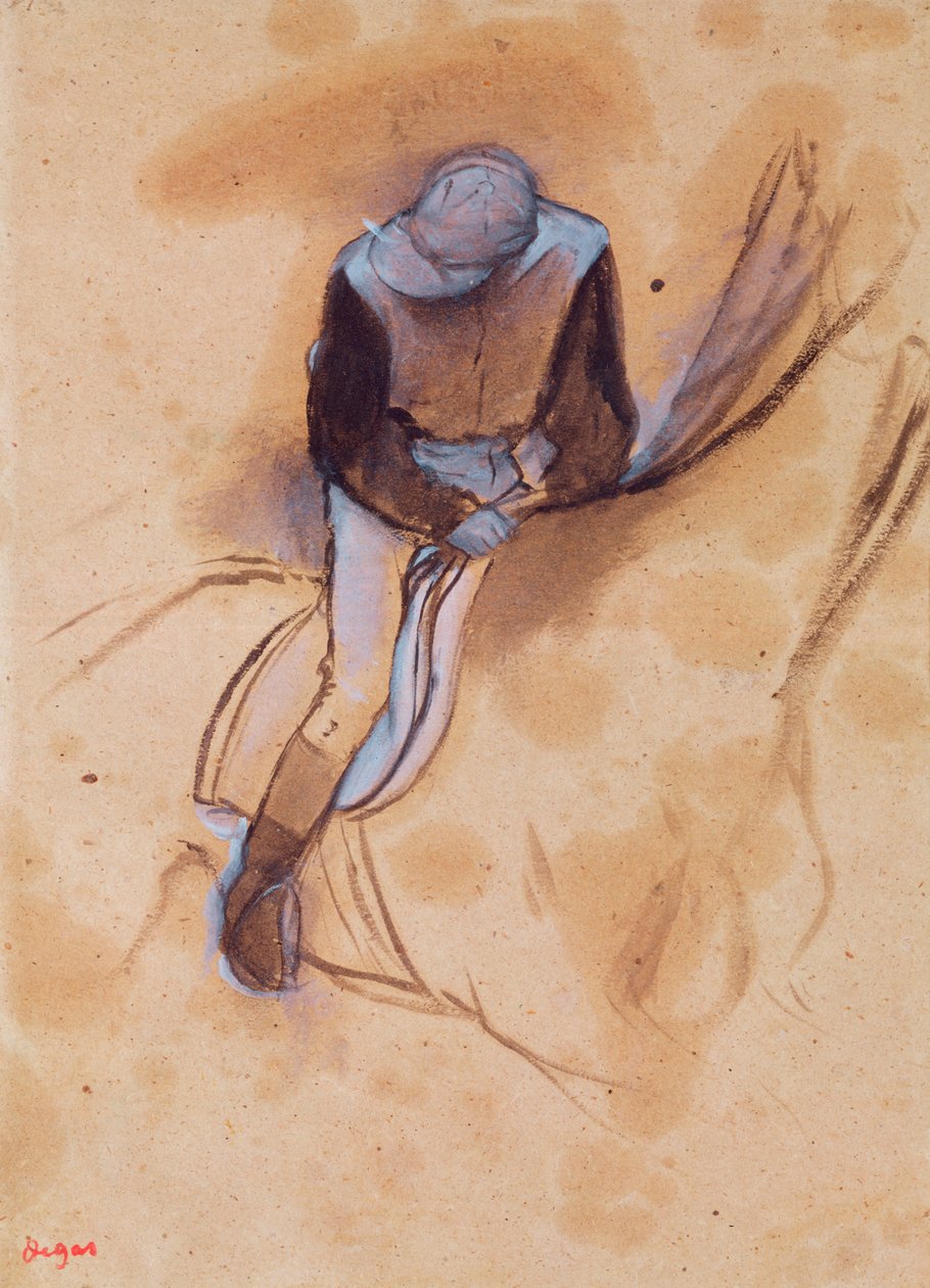 Dżokej wygięty do przodu stojąc w siodle, 1860-90 (pastel i węgiel na papierze) autorstwa Edgar Degas