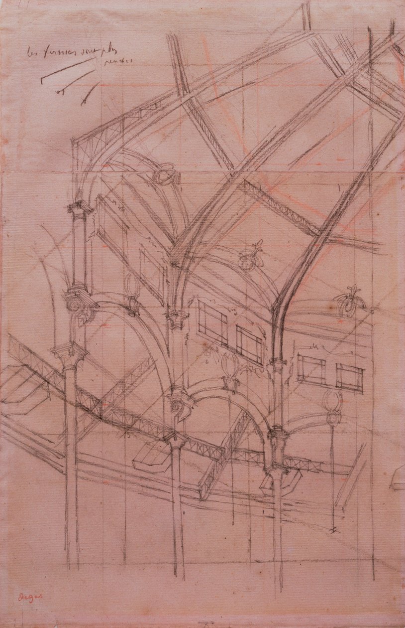 Le Cirque Fernando - studium architektoniczne (czarna i czerwona kreda i ołówek na dwóch arkuszach połączonego papieru) autorstwa Edgar Degas